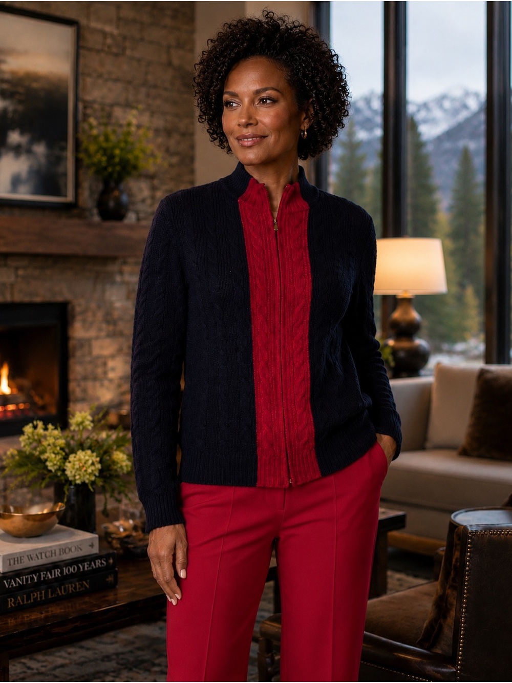 St. John Mock Neck Navy Cable Knit Zip Cardigan with Red Panel - Size Small - Picture 7 of 11